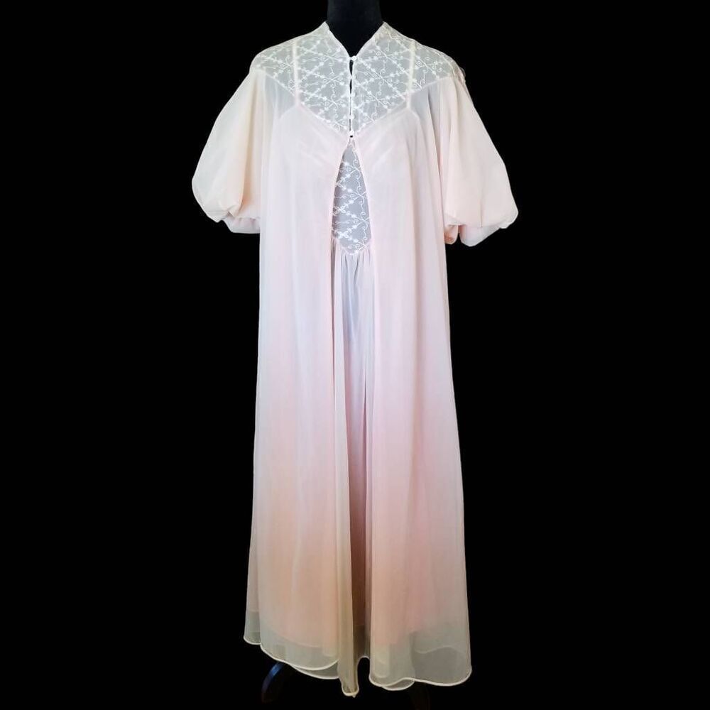 1950s SCHIAPARELLI Paris New York Peignoir Nightgown Set Pink Ivory Ombré M - Picture 3 of 16